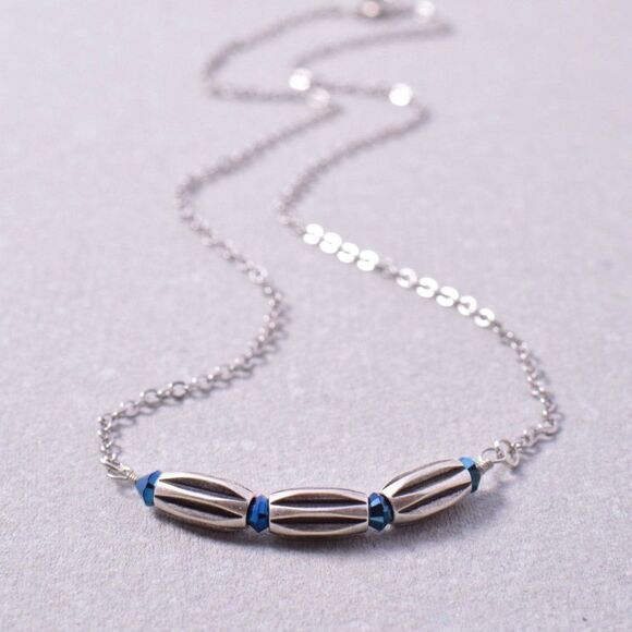 Hand Crafted Jewelry - Blue Swarovski Dainty Silver Bar Necklace